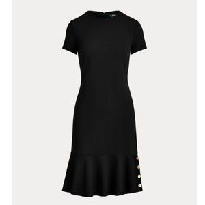 Ralph Lauren Black Flounce Gold Button-Trim Ponte Dress